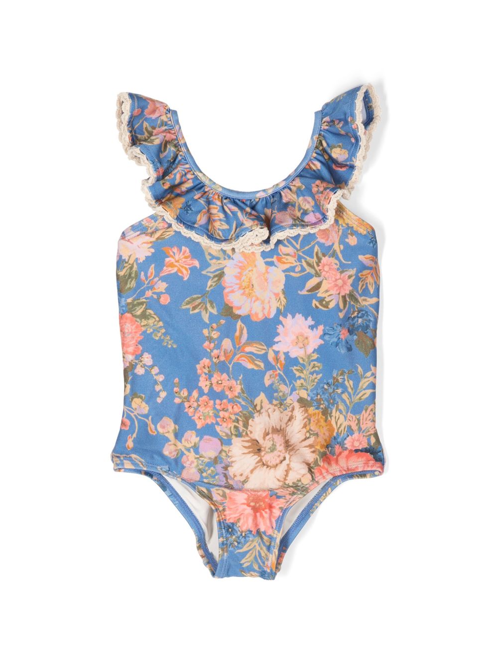 ZIMMERMANN Kids August 花卉印花荷叶边连体泳衣 - 蓝色