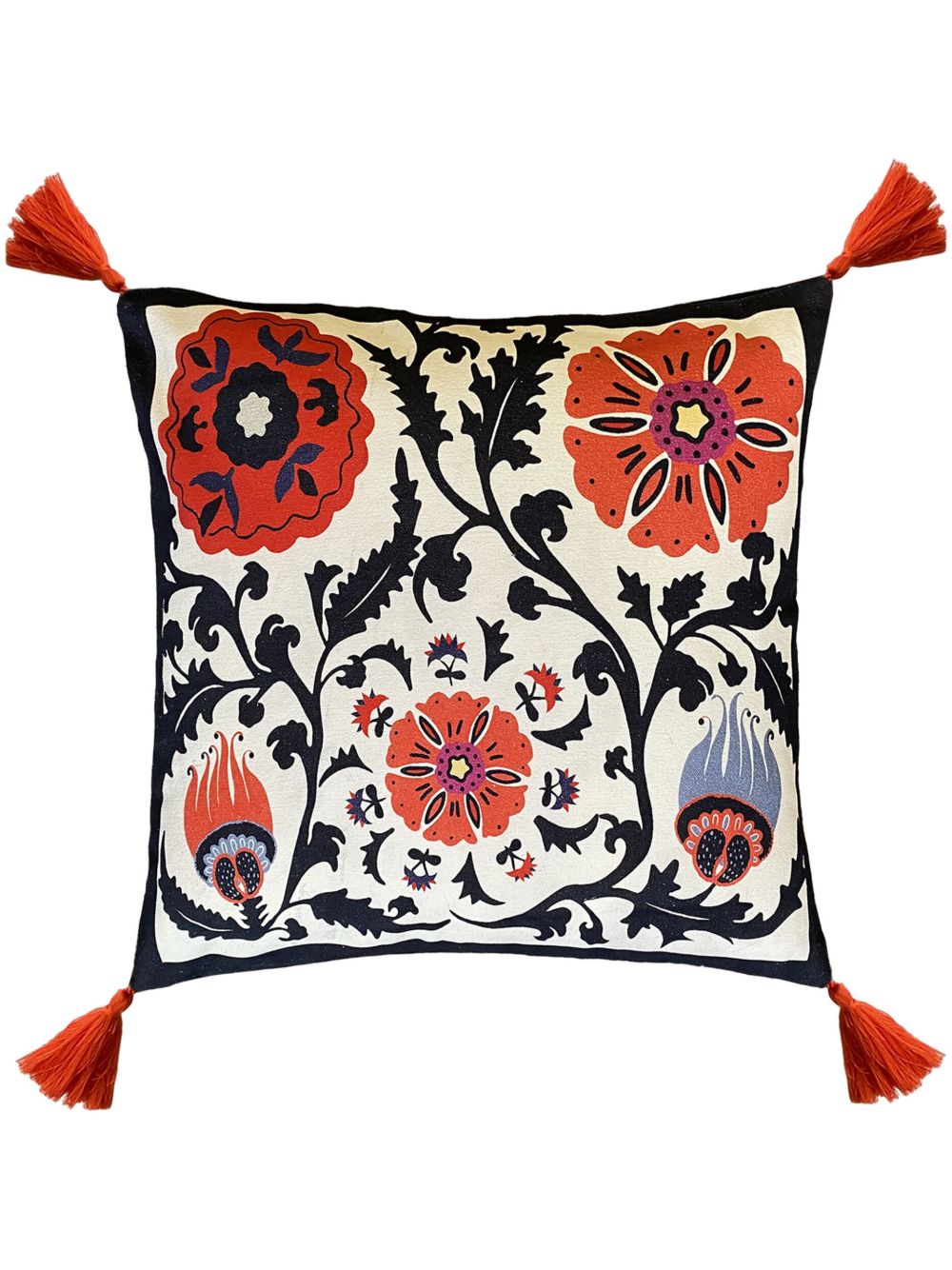 Les-Ottomans 花卉印花流苏抱枕（50厘米 x 50厘米） - 白色