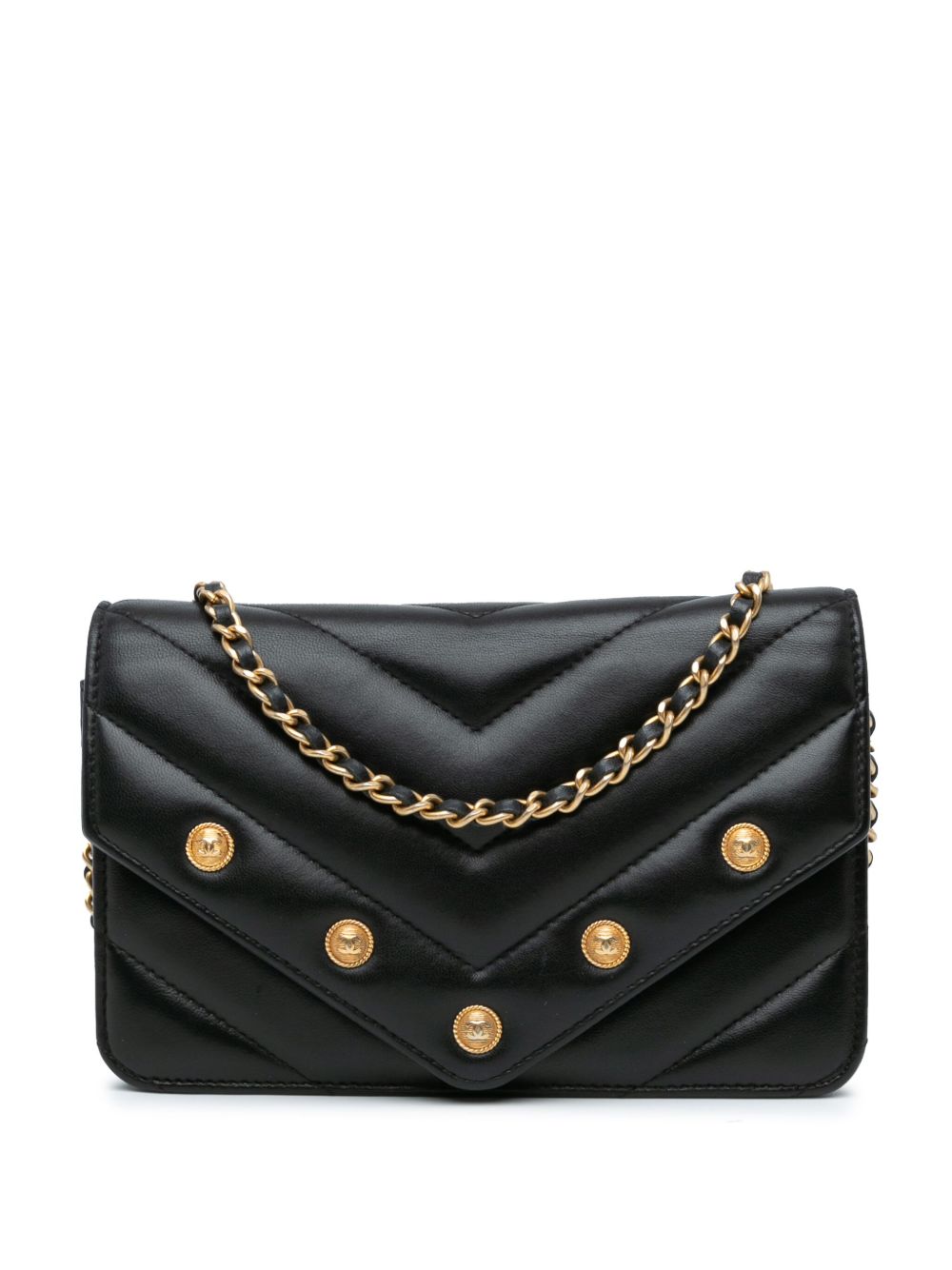 CHANEL Pre-Owned 人字纹图案小羊皮纽扣斜挎搭链钱包（2018-2019年典藏款） - 黑色