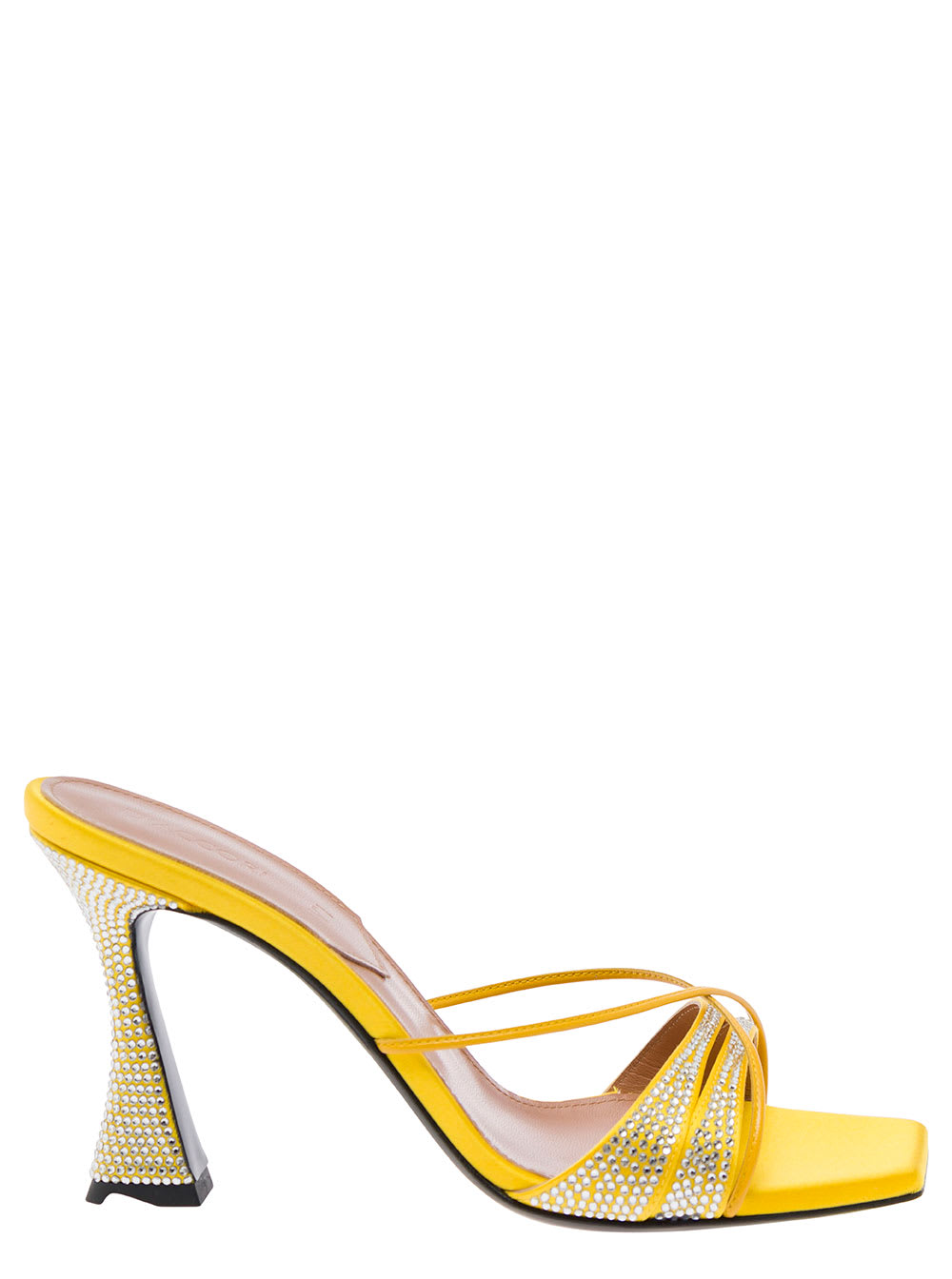 D'Accori Yellow Slip-on Sandals With All-over Rhinestone In Satin Woman