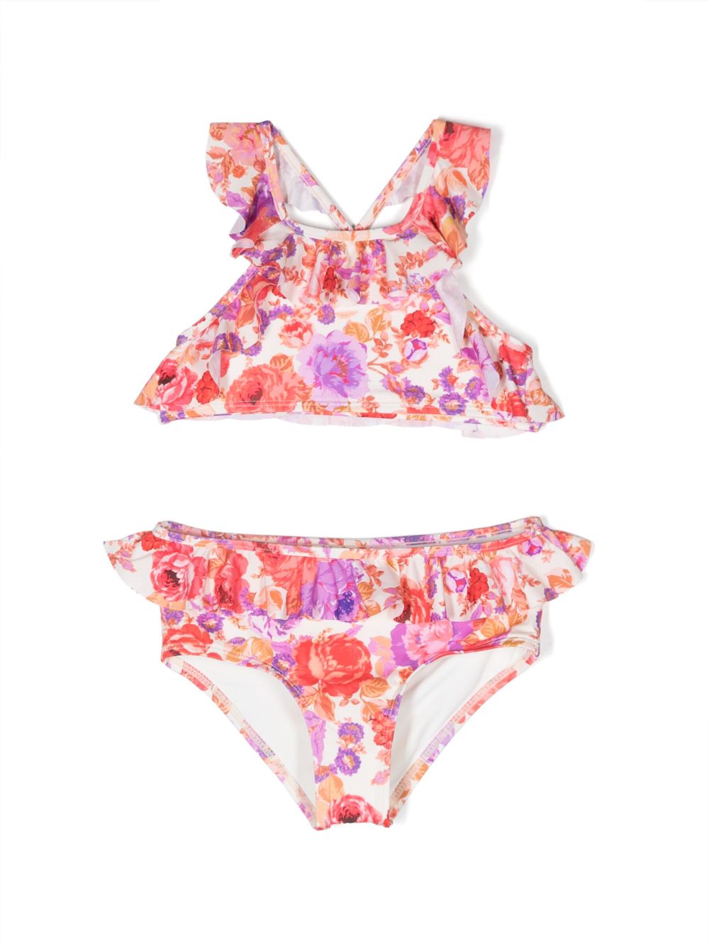 ZIMMERMANN Kids 叶片印花荷叶边比基尼套装 - 红色