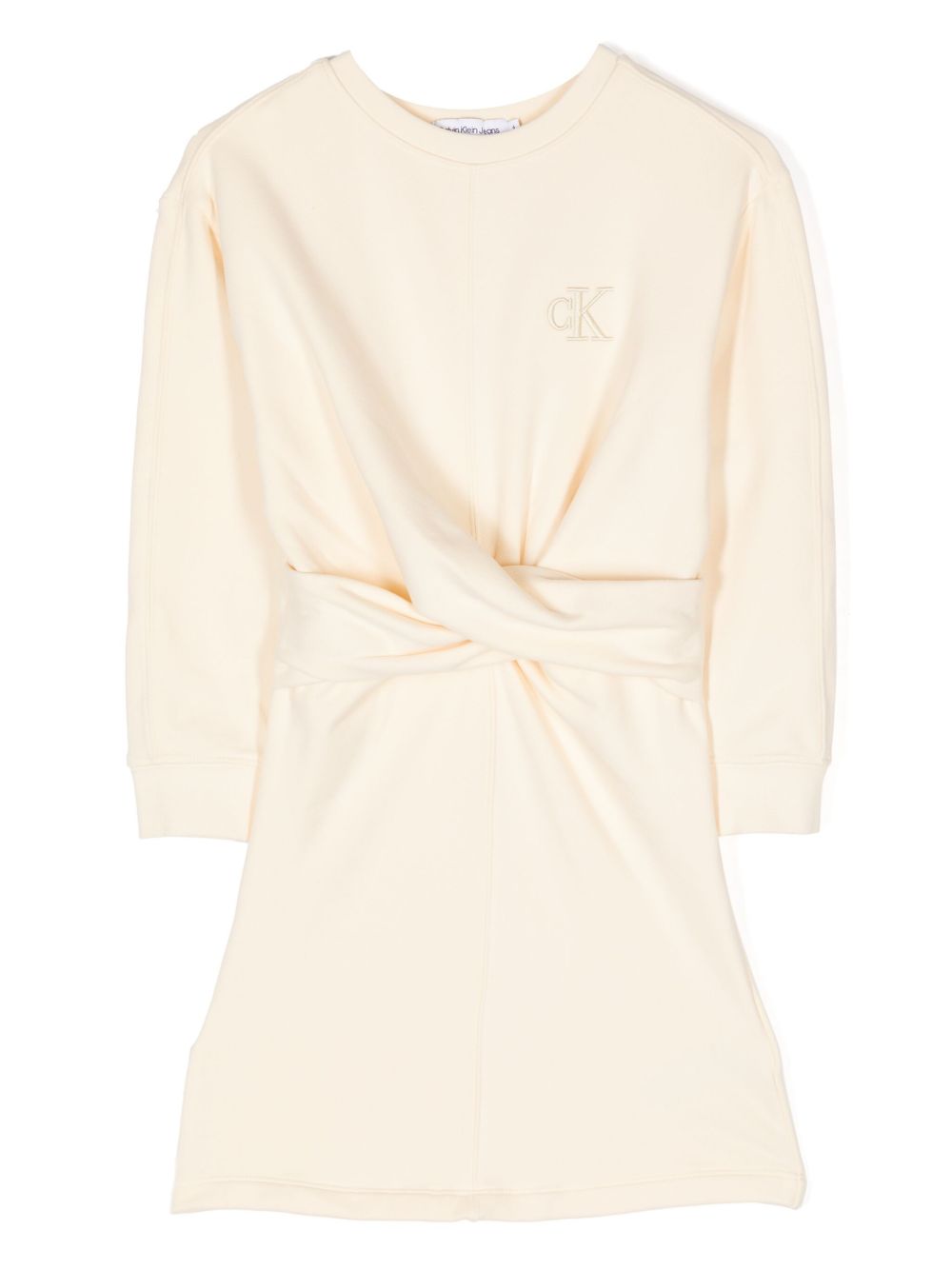 Calvin Klein Kids logo刺绣旋褶细节棉连衣裙 - 黄色