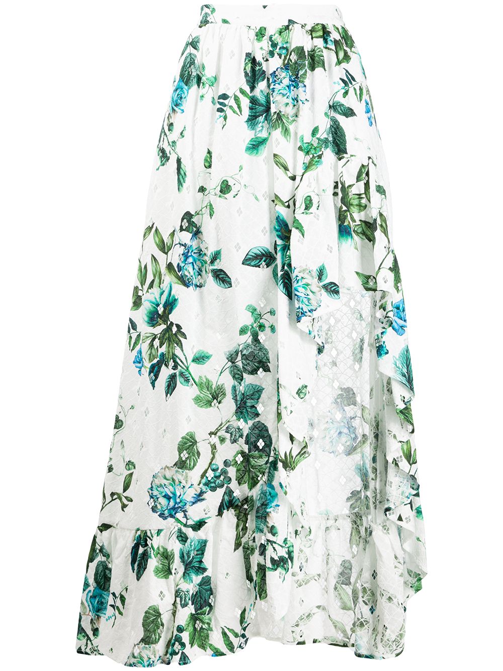 Blumarine 不对称花卉荷叶边半身裙 - 白色
