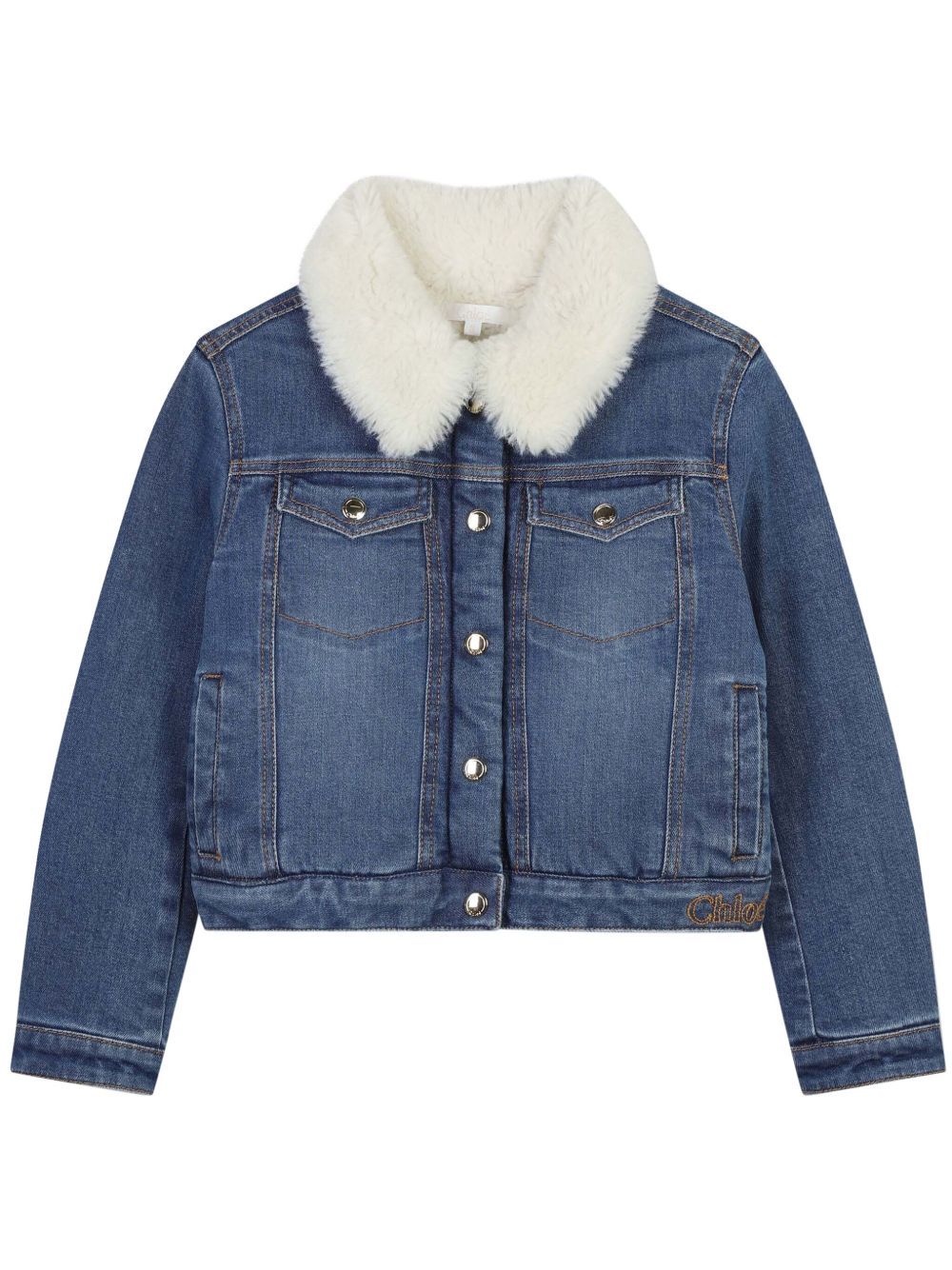 Chloé Kids 人造皮草领牛仔夹克 - 蓝色