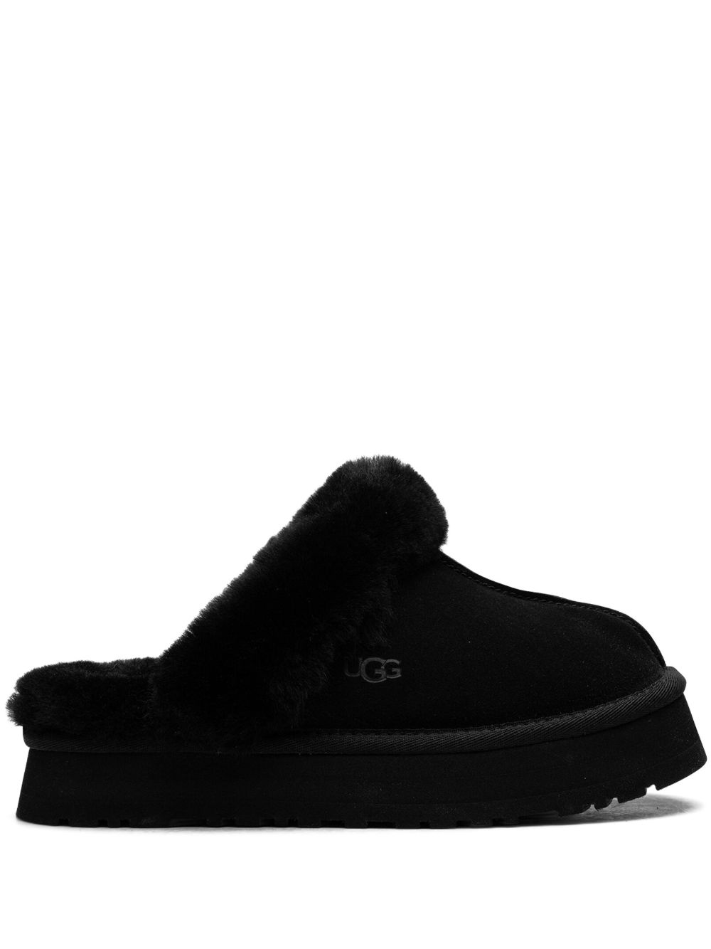 UGG Disquette 皮毛一体边饰绒面皮拖鞋 - 黑色