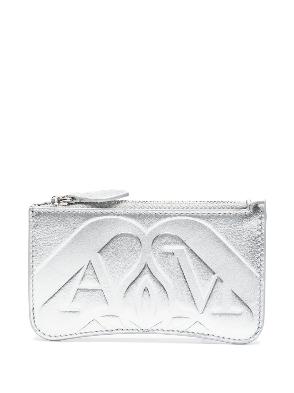 Alexander McQueen logo凹面压花金属感皮质钱包 - 银色