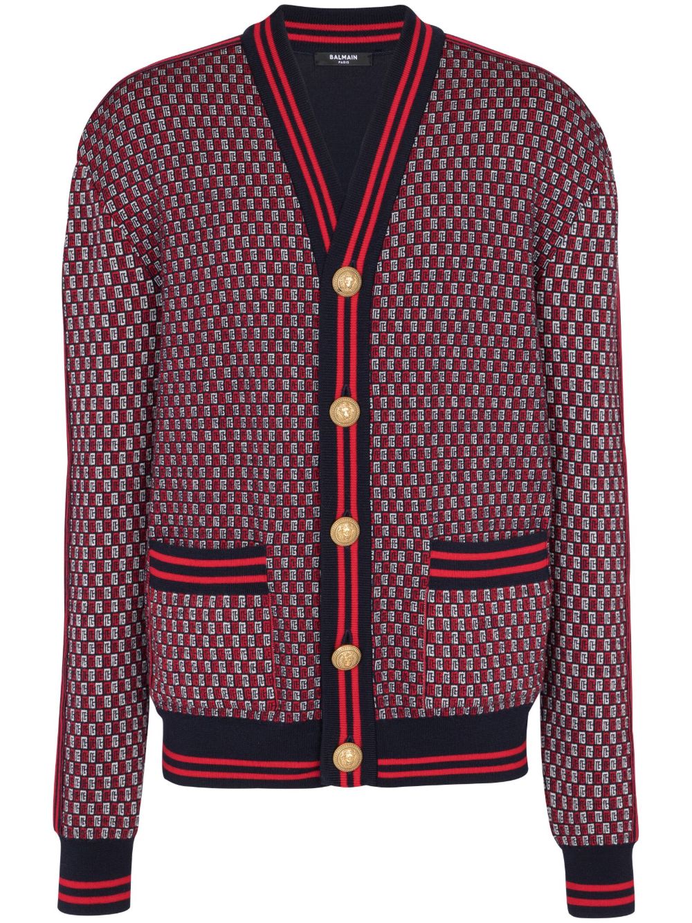 Balmain 经典logo印花格纹羊毛开衫 - 红色