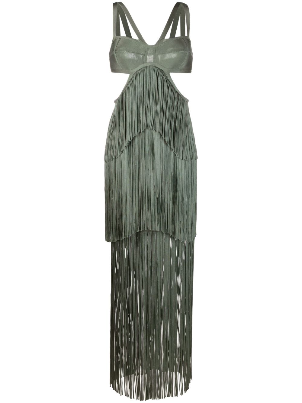 Hervé Léger Strappy Tiered Fringe 超长连衣裙 - 绿色