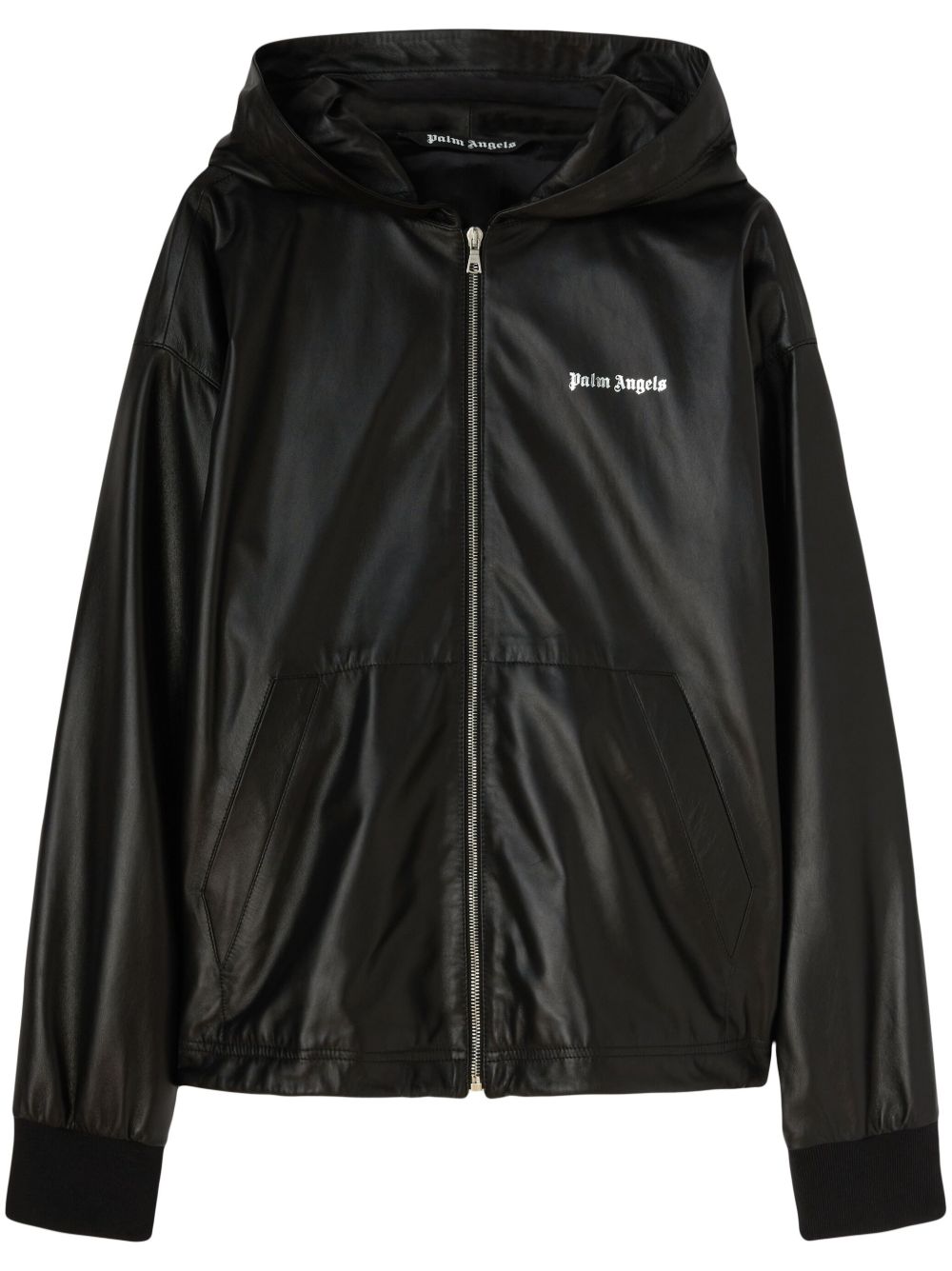 Palm Angels logo印花连帽皮质夹克 - 黑色