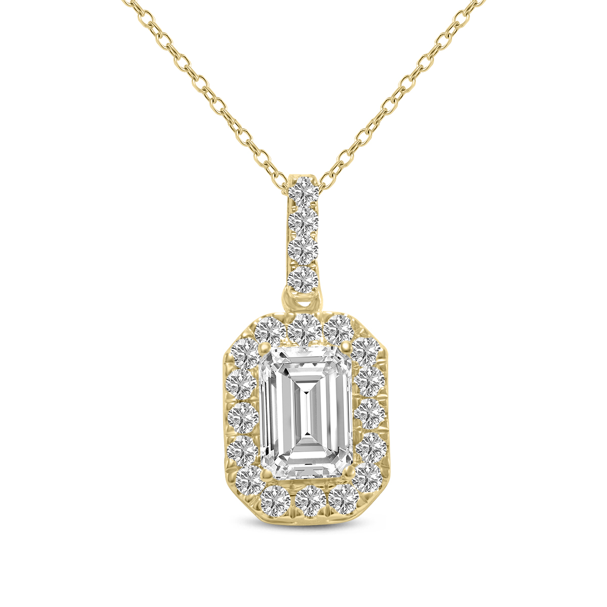 1克拉TW Emerald Cut Halo Lab种植14 K黄金钻石吊坠