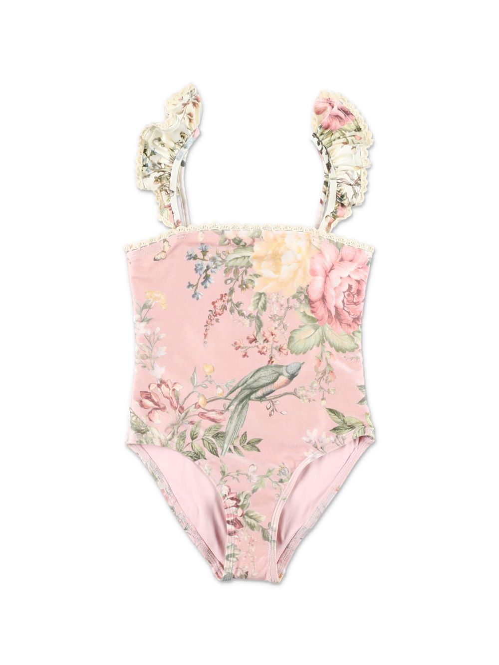 ZIMMERMANN Kids 花卉印花钩编针织边饰连体泳衣 - 粉色