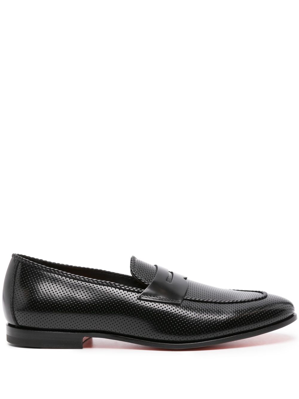 Santoni 穿孔皮质经典乐福鞋 - 黑色