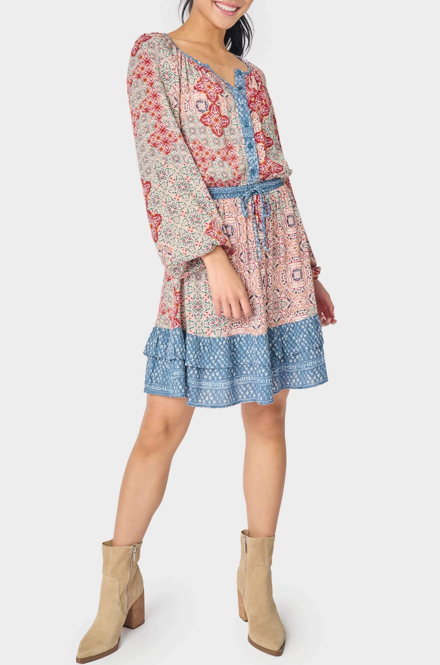 Boho Mixed Print Drawstring Ruffle Dress - Red Denim Combo S