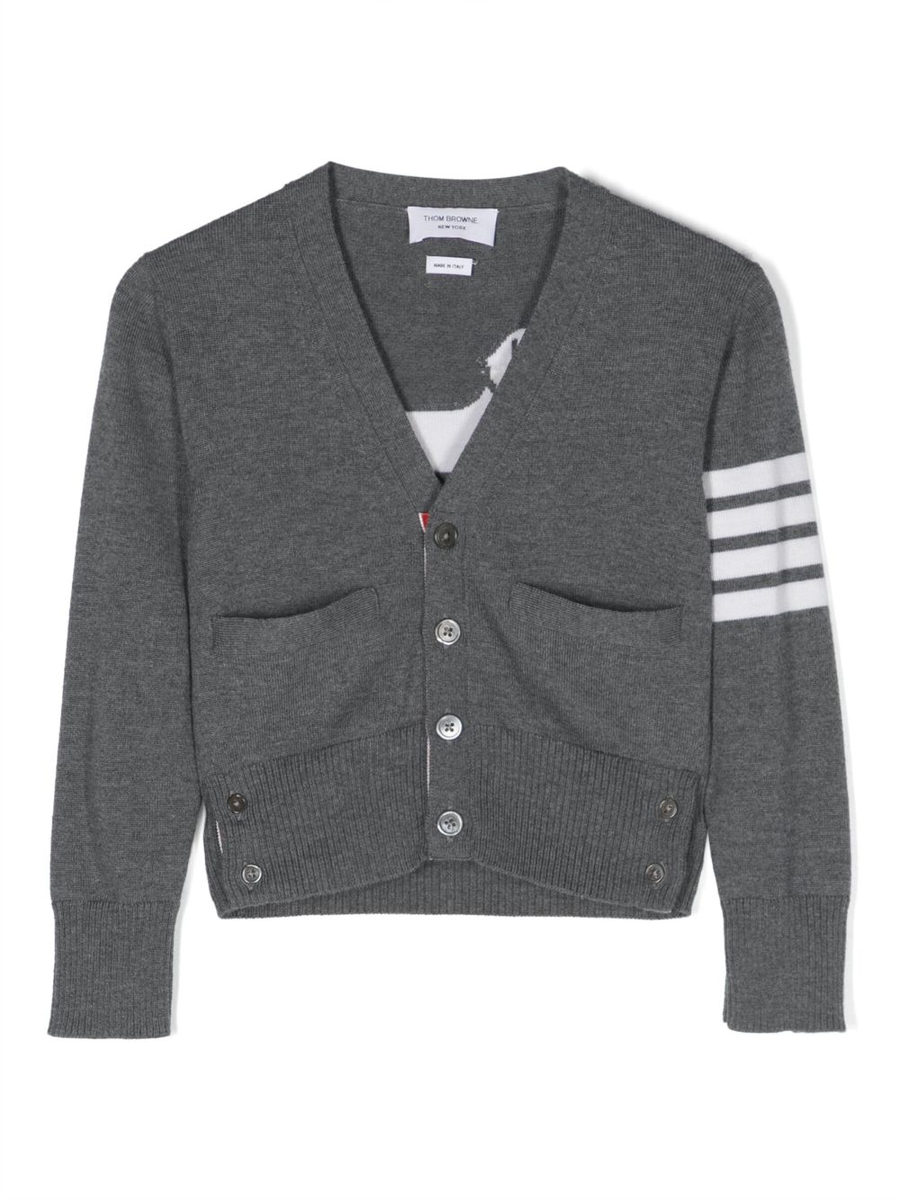 Thom Browne Kids V领嵌花针织开衫 - 灰色