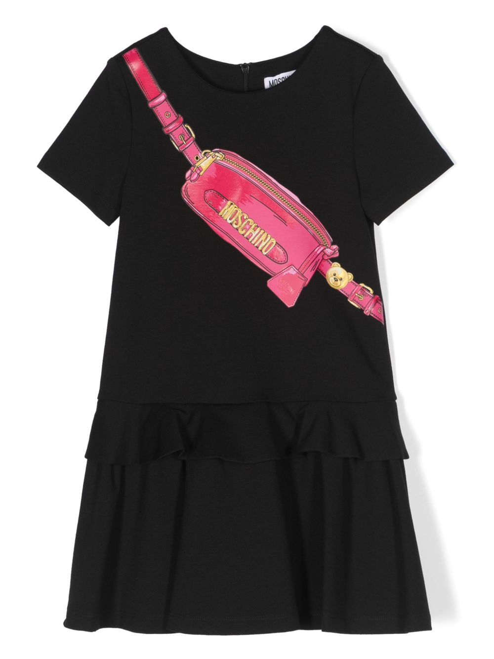 Moschino Kids 图案印花荷叶边细节连衣裙 - 黑色