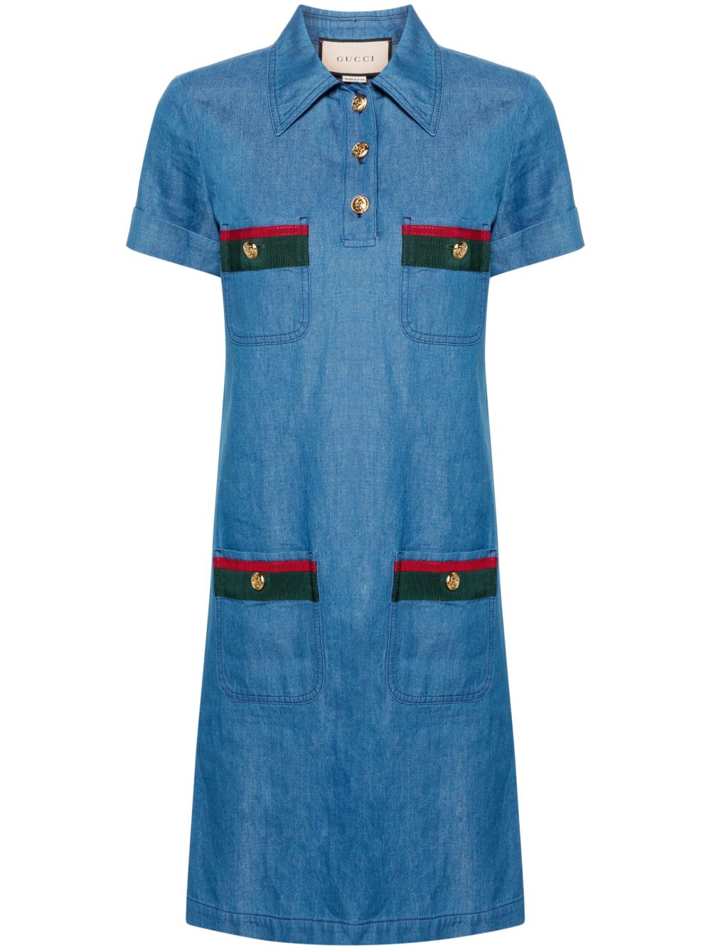 Gucci 条纹织带细节牛仔连衣裙 - 蓝色