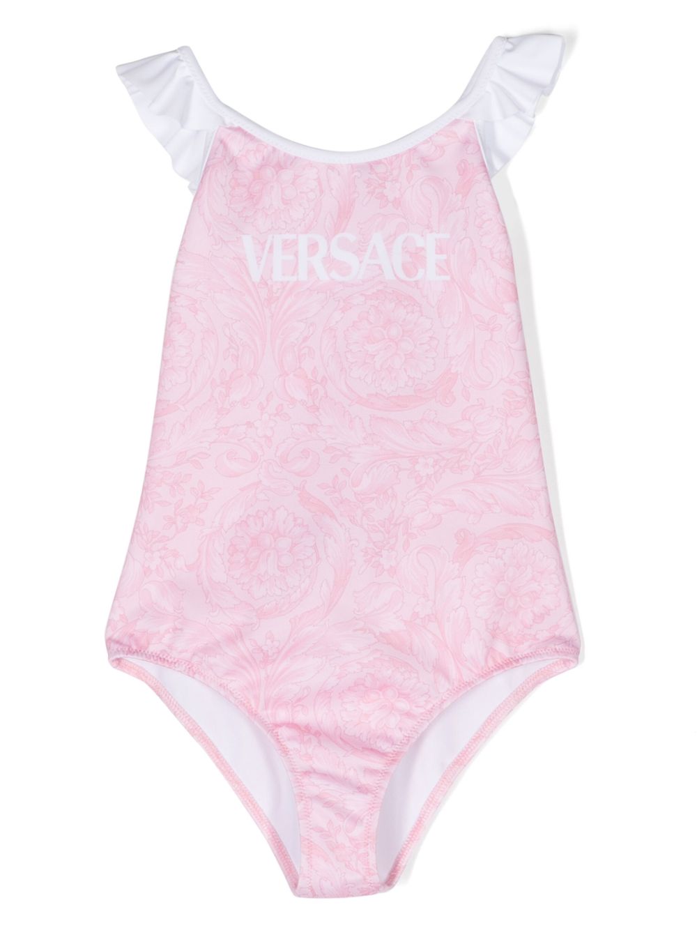 Versace Kids Barocco 荷叶边细节连体泳衣 - 粉色