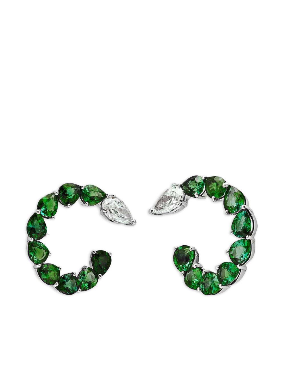 Jewels Aficionado 18K白金祖母绿宝石钻石圈形耳环 - 银色
