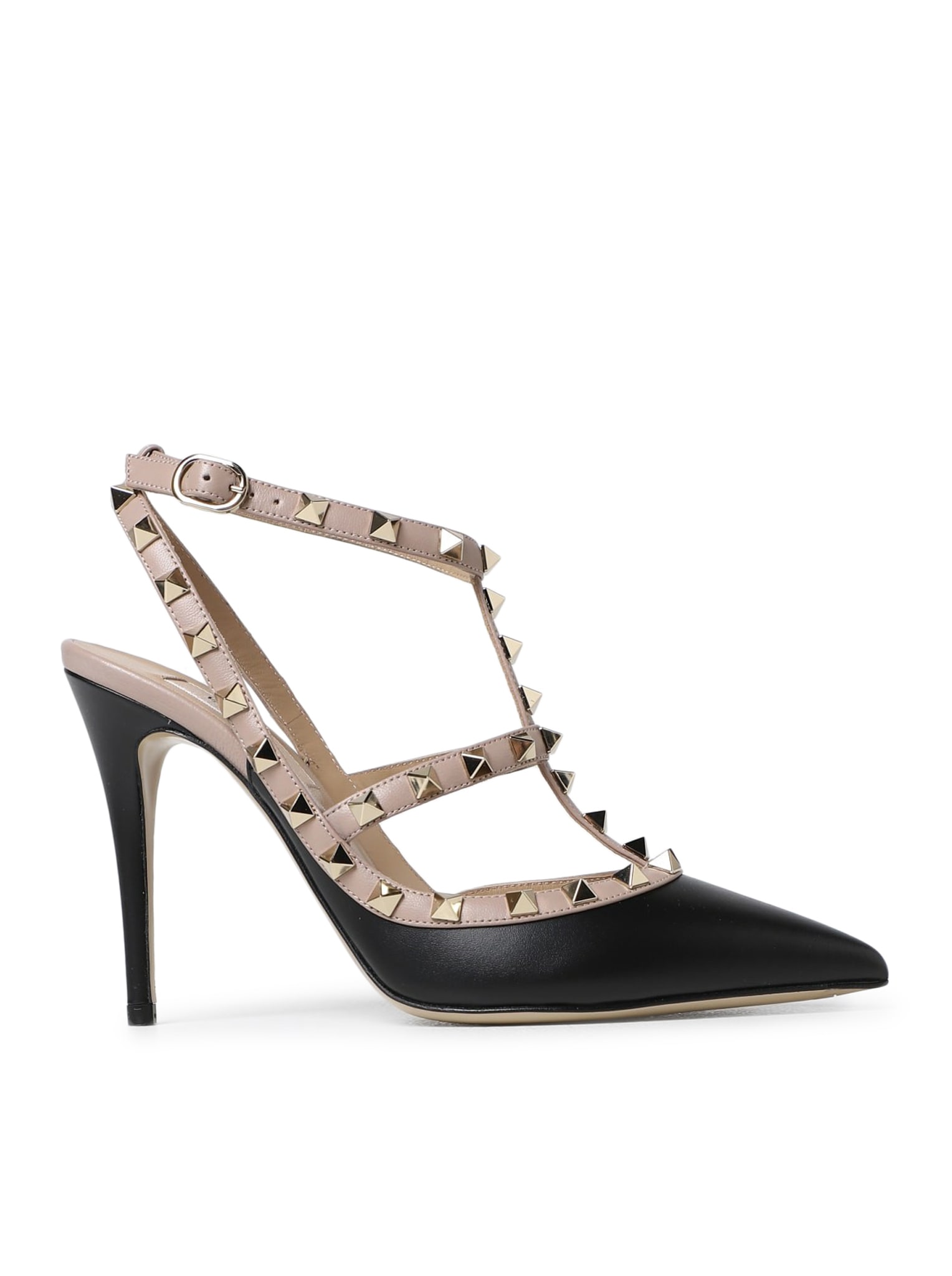 Valentino Garavani 脚踝绑带款Rockstud 100mm鞋跟小牛皮/纳帕皮哑光浅色铂金色铆钉
