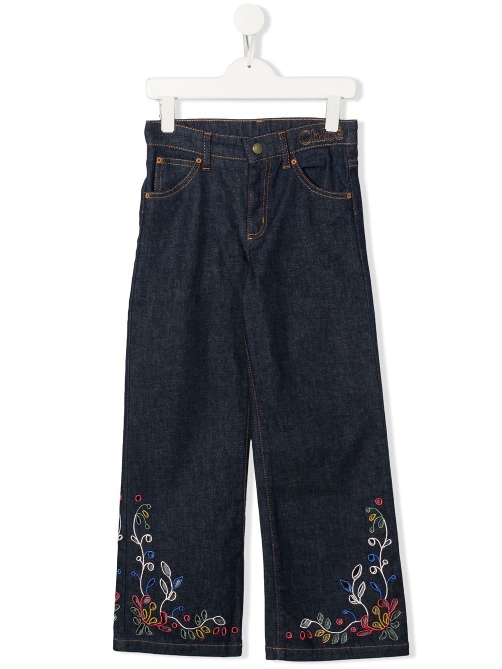Chloé Kids 花卉刺绣牛仔裤 - 蓝色