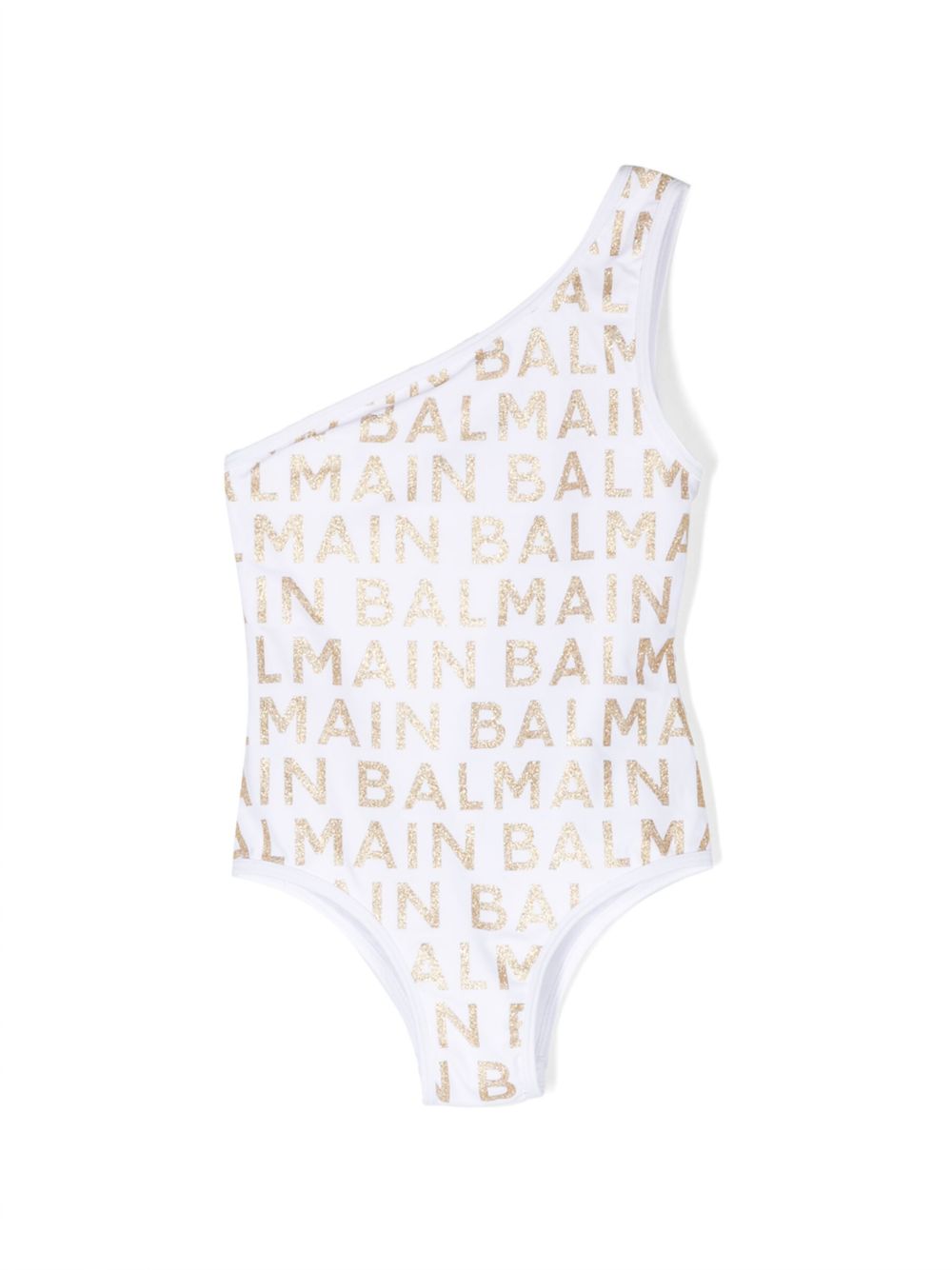 Balmain Kids 亮片金葱logo细节单肩连体泳衣 - 白色