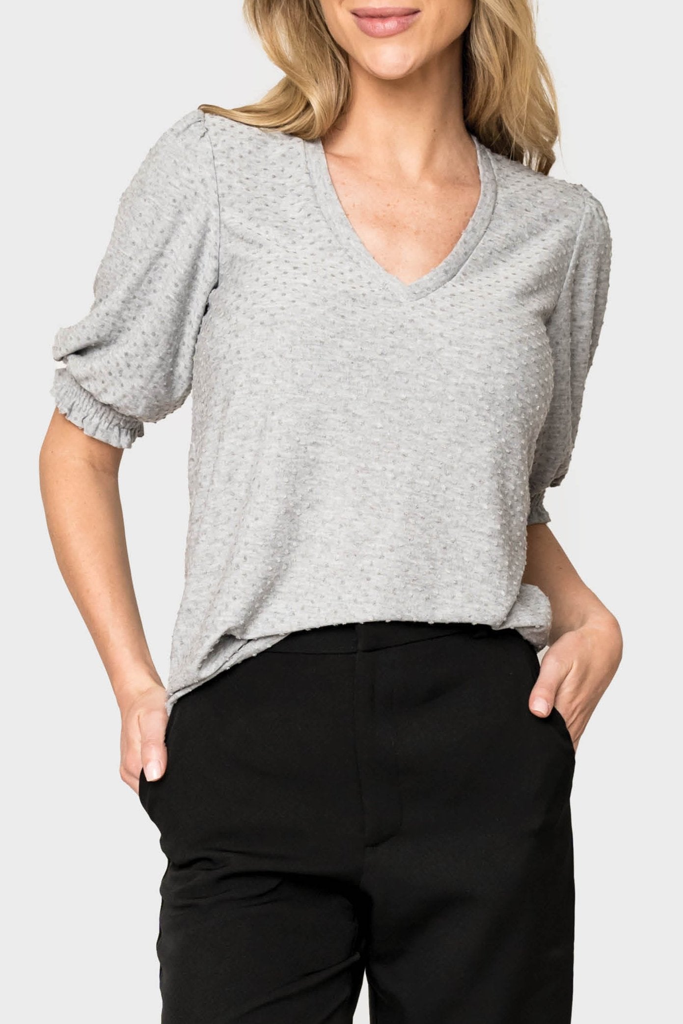 Clip Dot Elbow Puff Sleeve V-Neck - Heather Grey XL