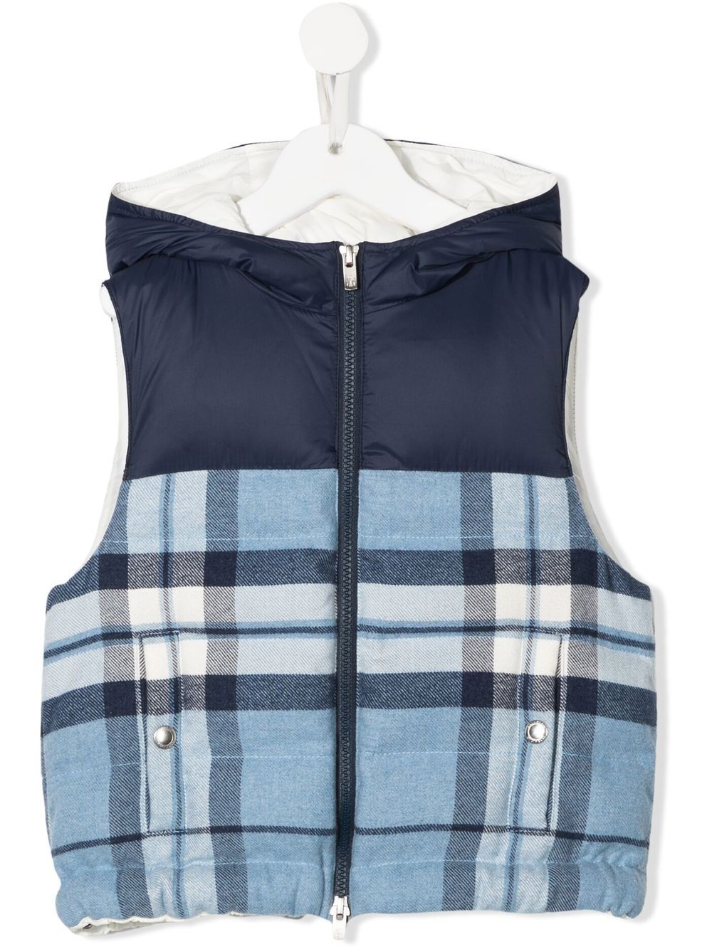 Brunello Cucinelli Kids 格纹连帽马甲 - 蓝色