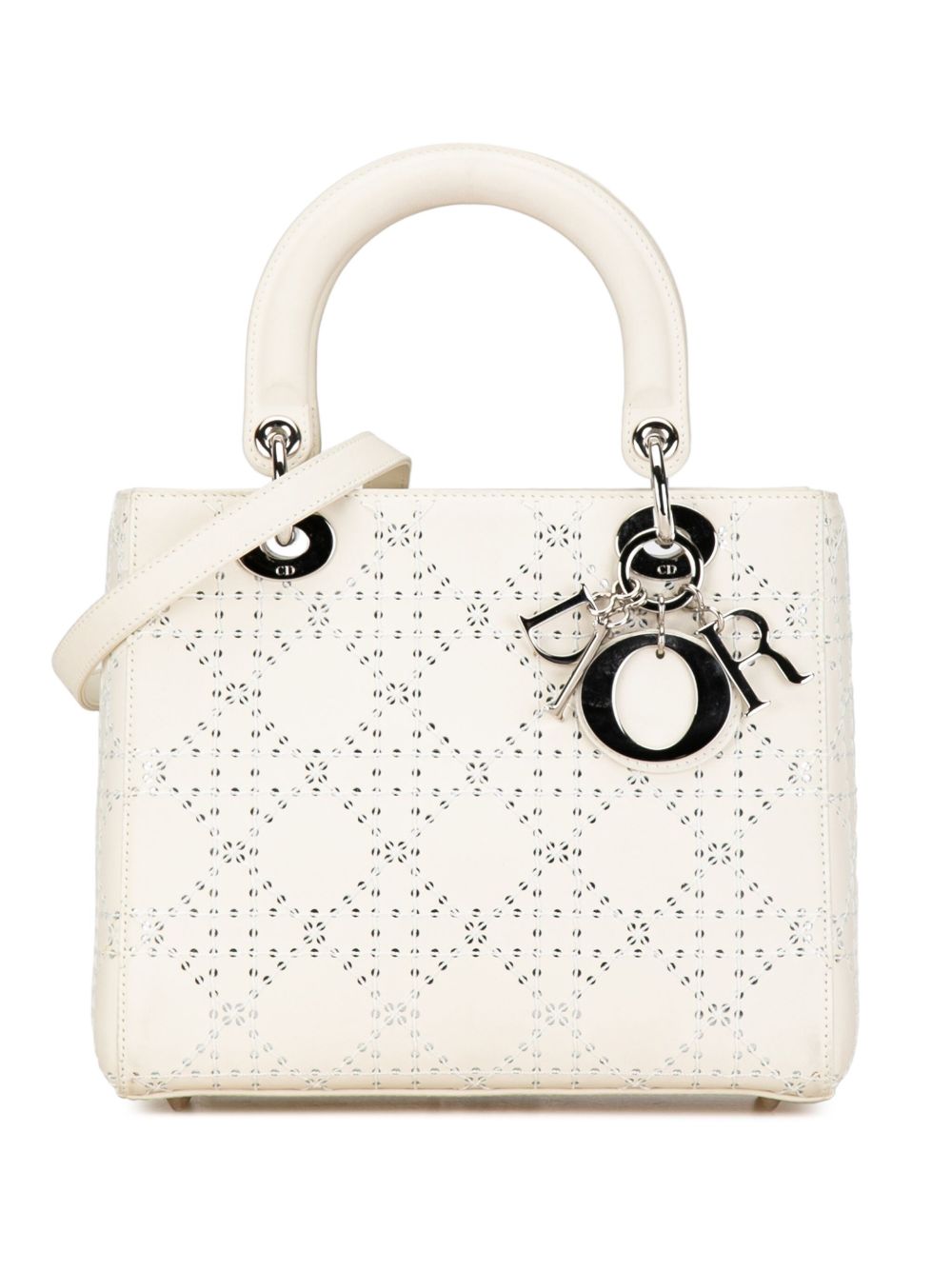 Christian Dior Pre-Owned Cannage Lady Dior 中号镂空小牛毛斜挎包（2013年典藏款） - 白色
