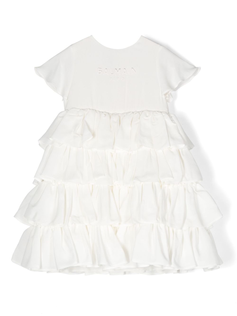 Balmain Kids logo刺绣荷叶边连衣裙套装 - 白色