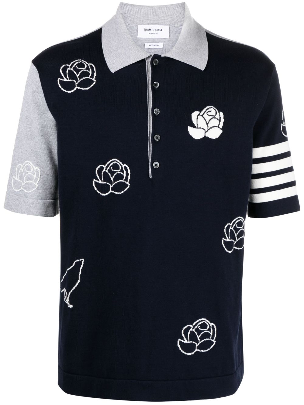 Thom Browne 花卉嵌花针织棉polo衫 - 蓝色