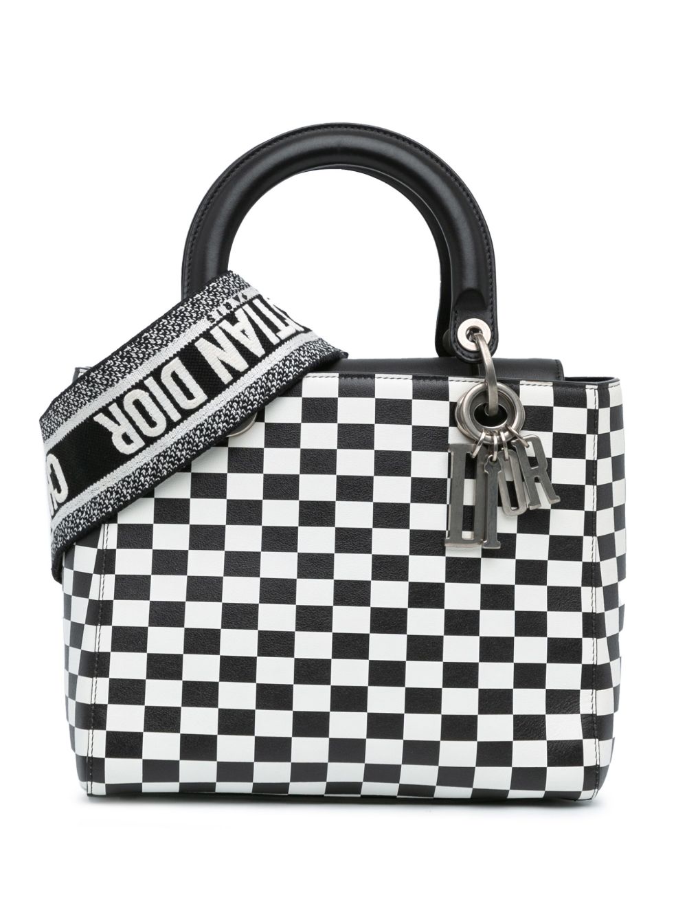 Christian Dior Pre-Owned Lady Dior 中号小牛毛双色格纹斜挎包（2018年典藏款） - 黑色