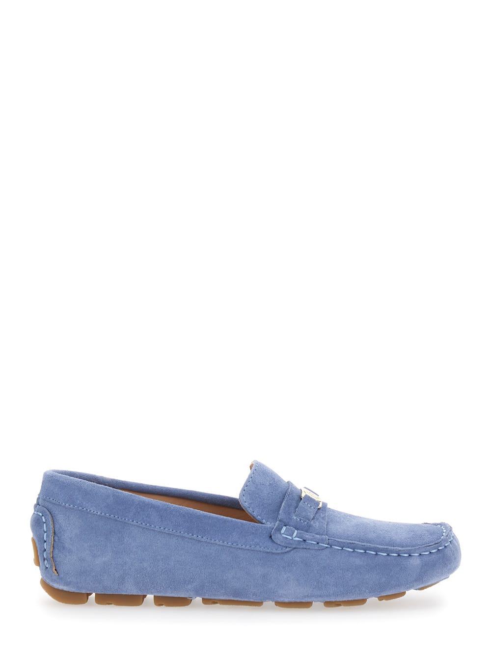 Pollini Blue Loafers With Logo Plaqe On The Front In Grained Leather Woman