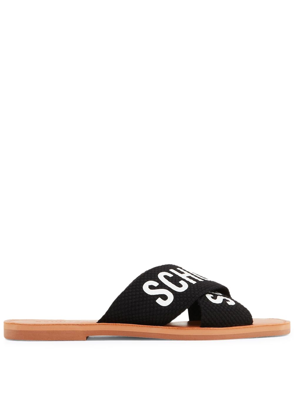 Schutz logo印花平底皮质拖鞋 - 黑色