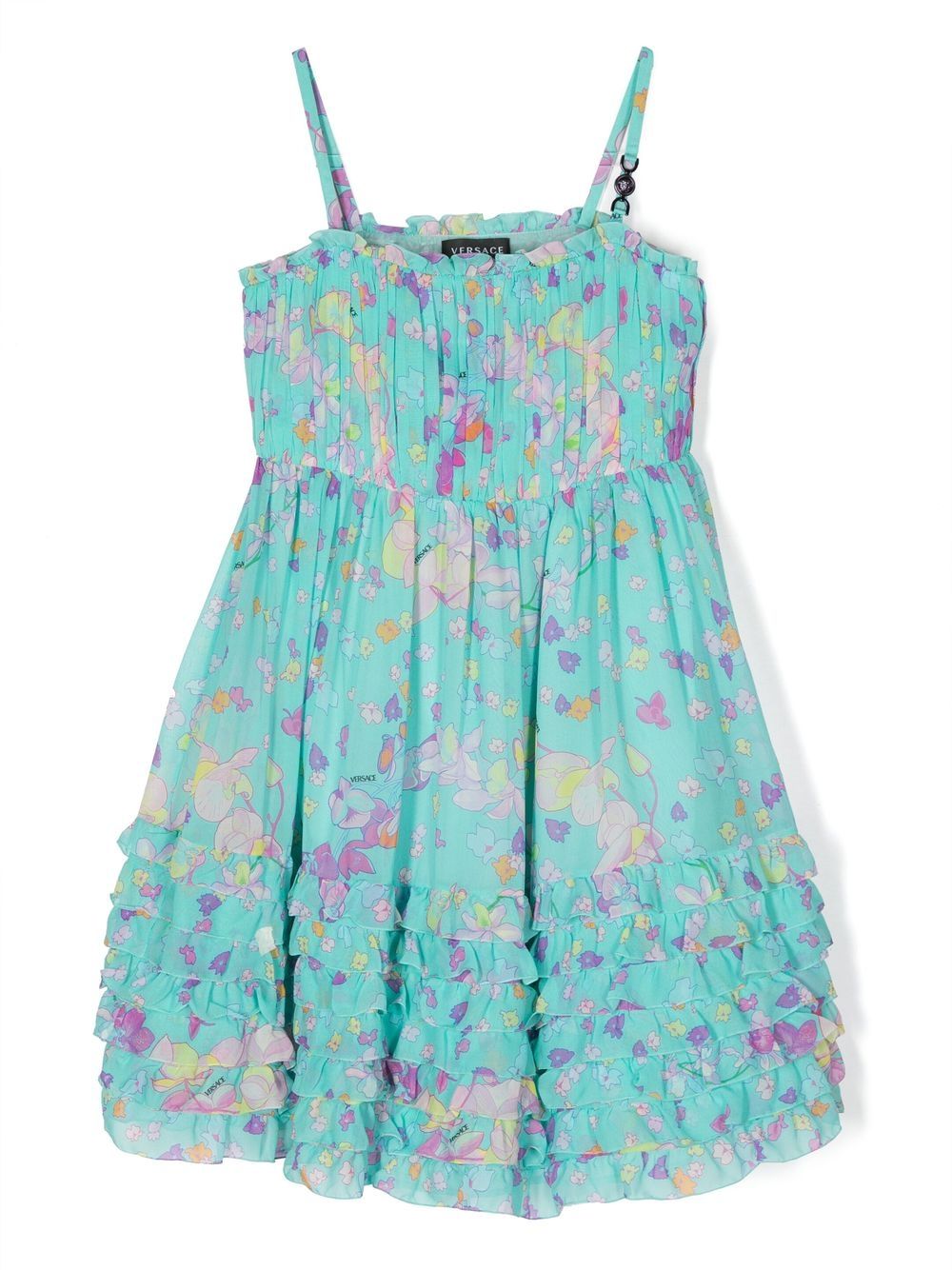 Versace Kids 花卉印花荷叶边连衣裙 - 蓝色