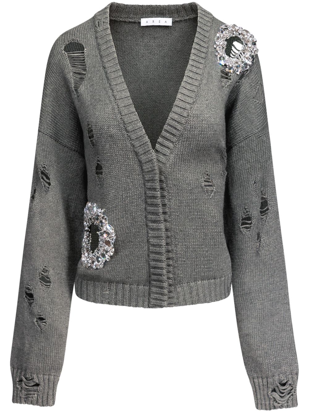 AREA crystal-embellished distressed cardigan - 灰色
