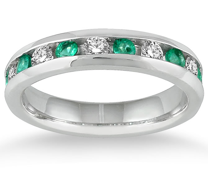 Emerald and Diamond Band in 14k White Gold