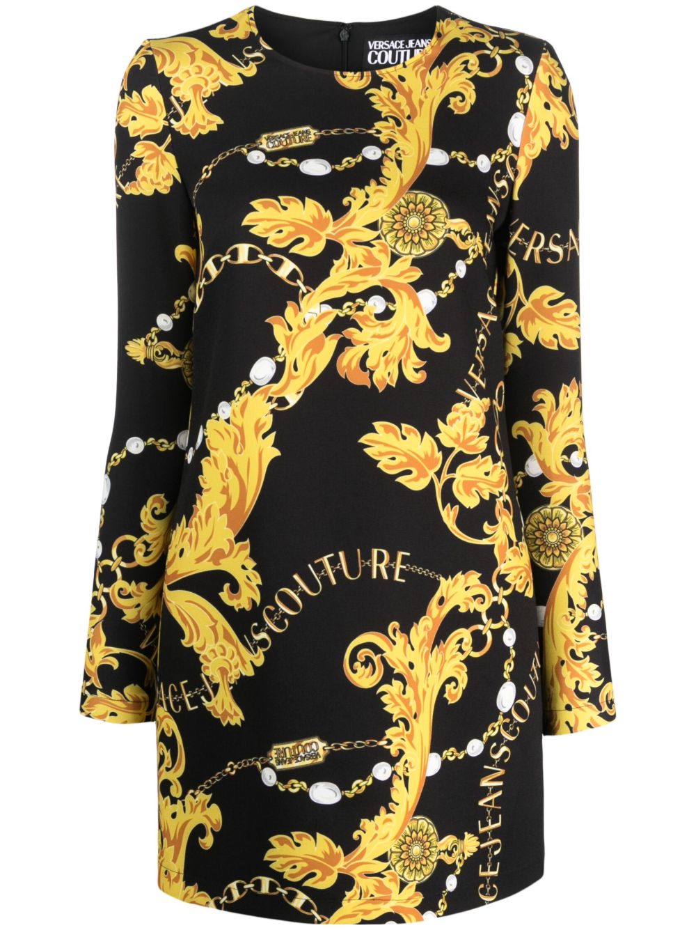 Versace Jeans Couture 巴洛克印花长袖迷你连衣裙 - 黑色