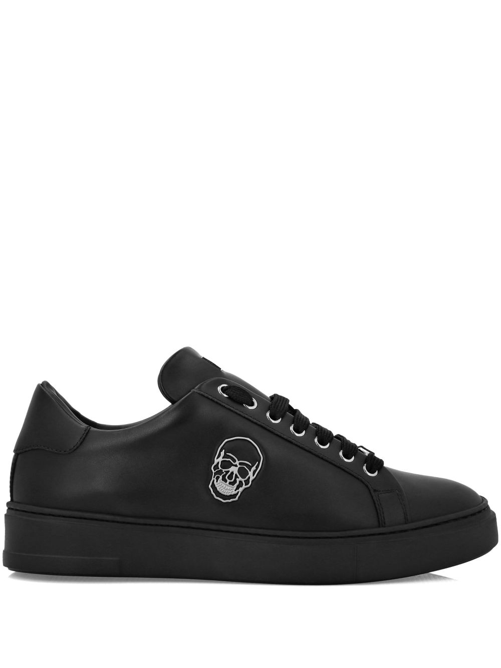 Philipp Plein 骷髅头贴花皮质运动鞋 - 黑色