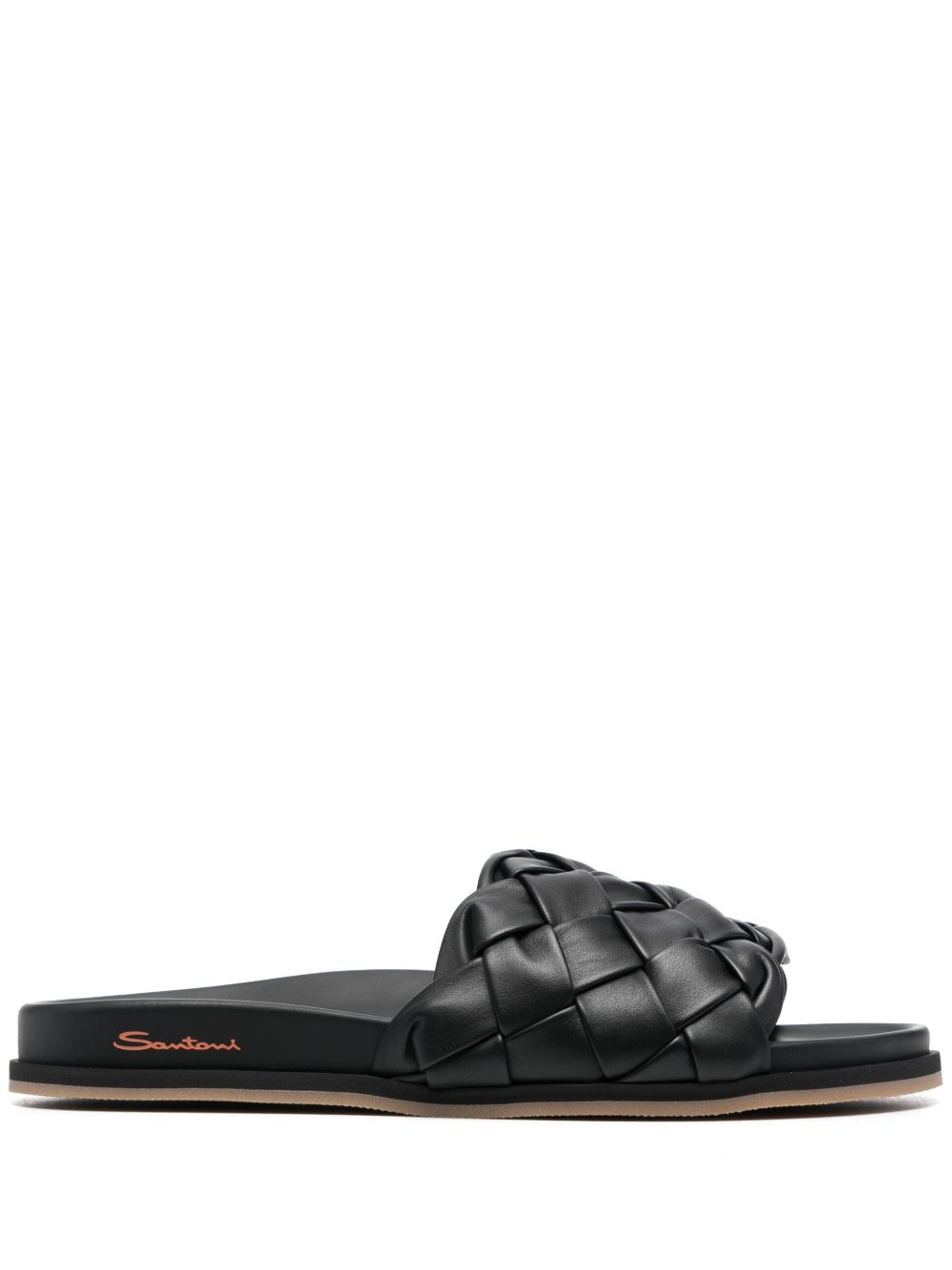 Santoni 编织设计小牛皮拖鞋 - 黑色