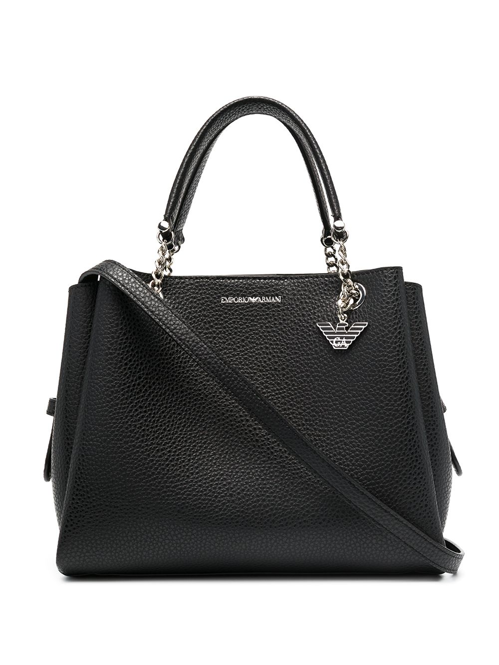 Emporio Armani 卵石纹效果搭链手提包 - 黑色