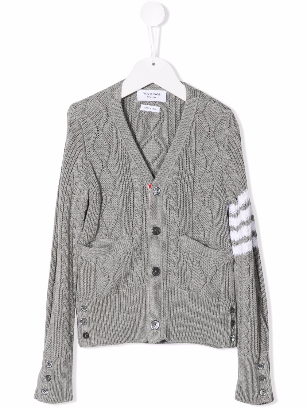Thom Browne Kids 四条纹粗绞花针织棉开衫 - 灰色
