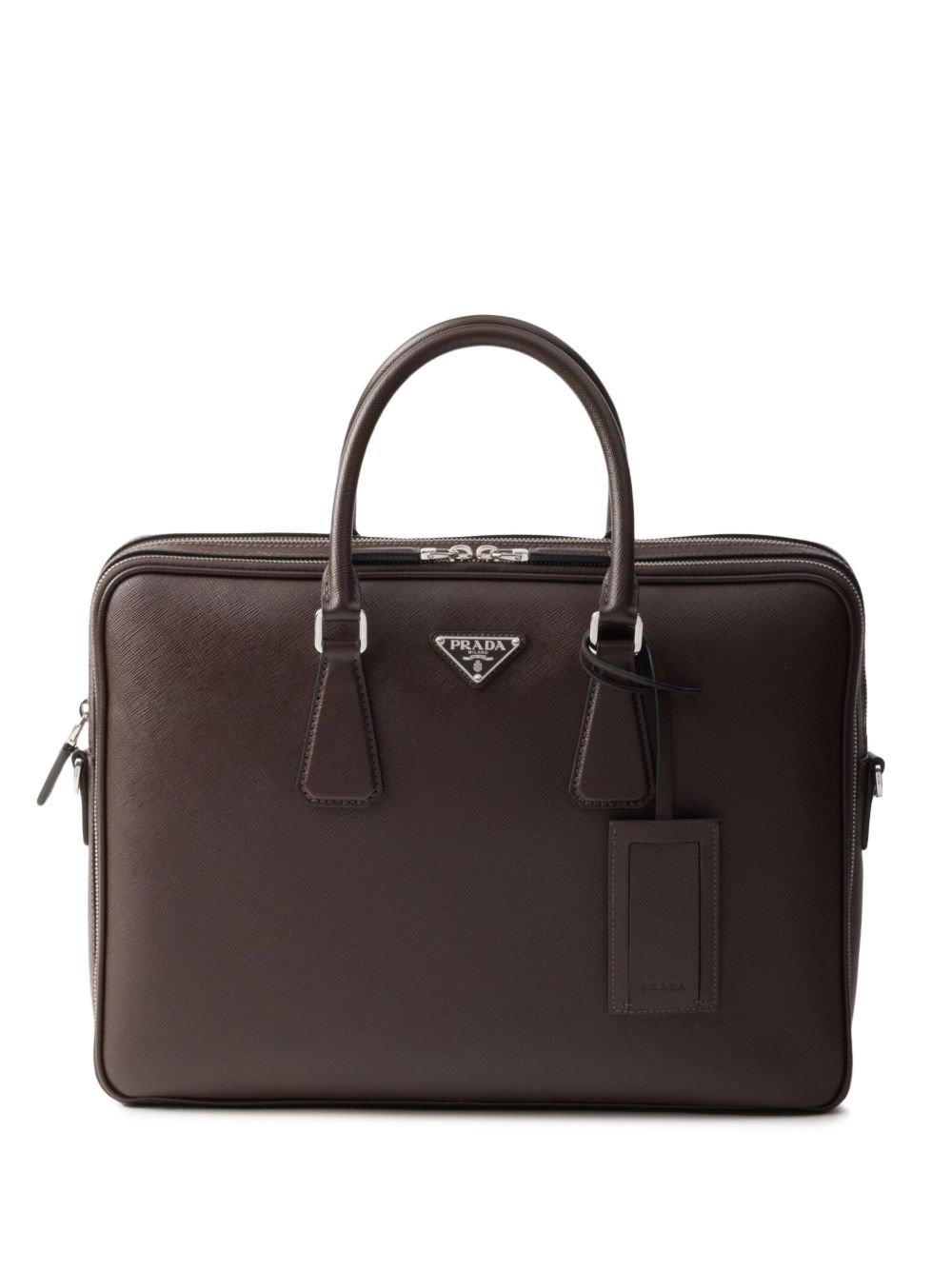 Prada Saffiano 皮质拉链公文包 - 褐色
