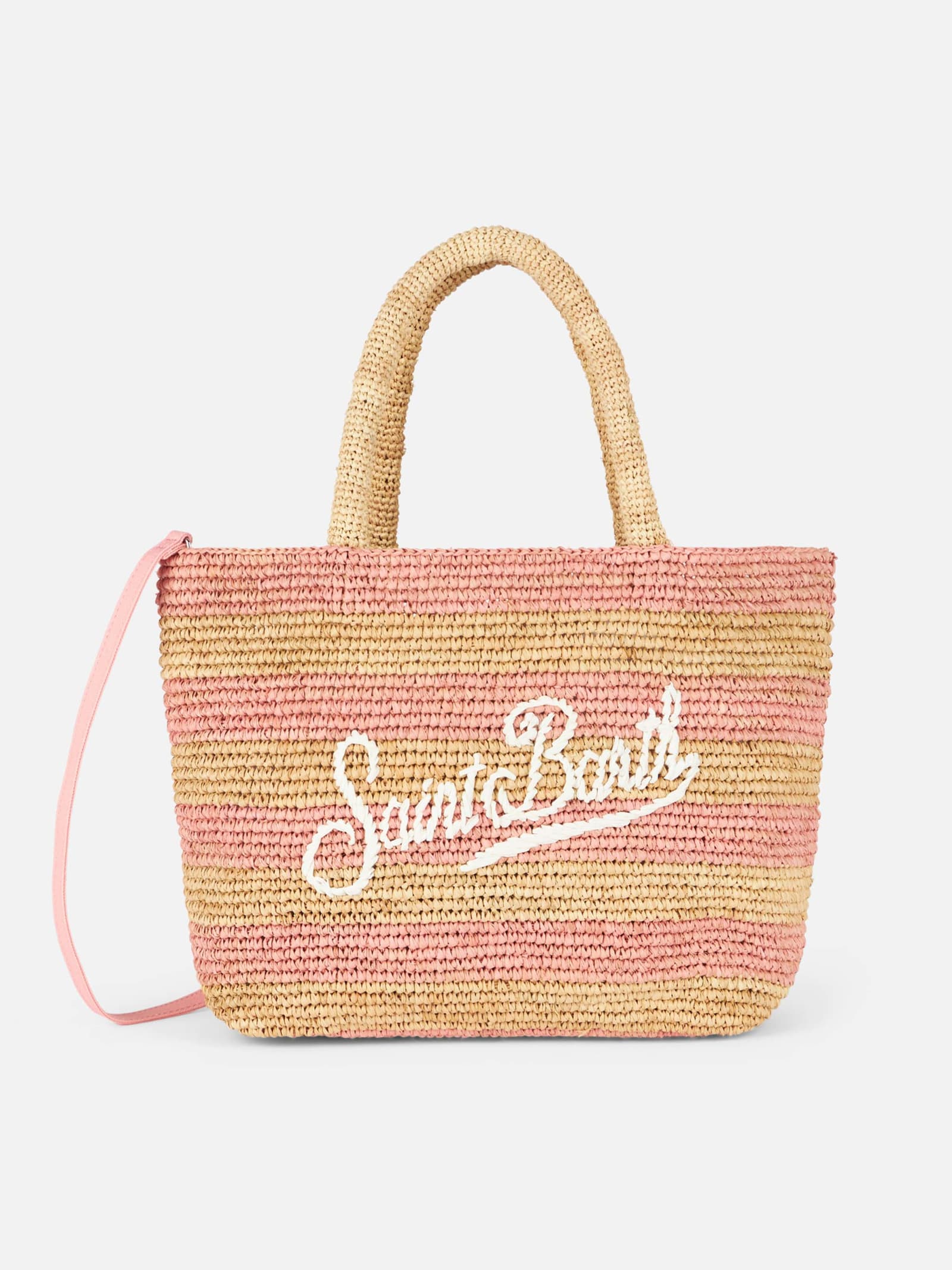 MC2 Saint Barth 粉色条纹拉菲草沙滩中号包配棉制收纳袋
