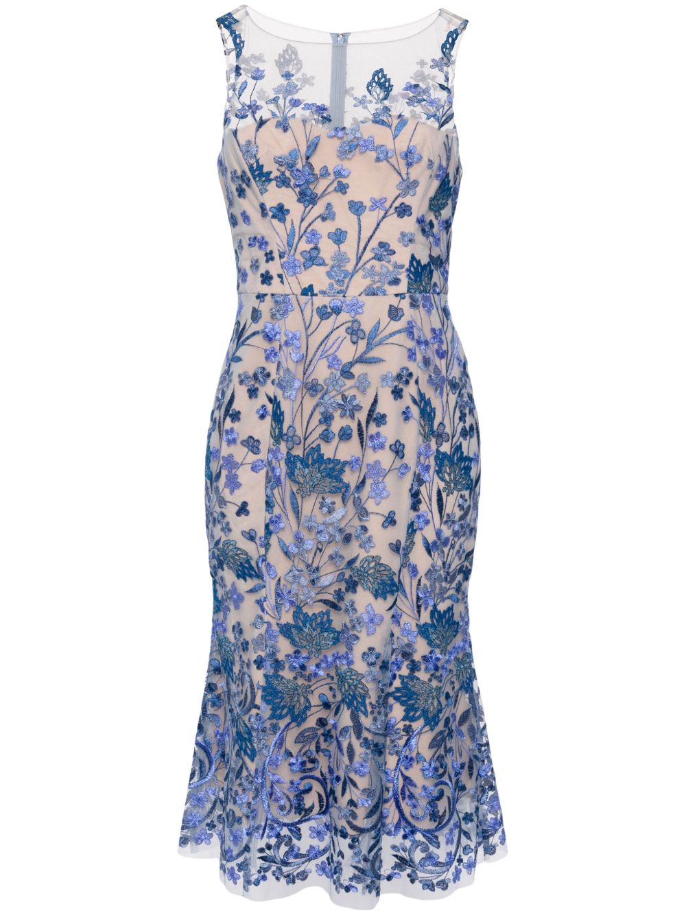 Marchesa Notte 花卉刺绣中长连衣裙 - 蓝色