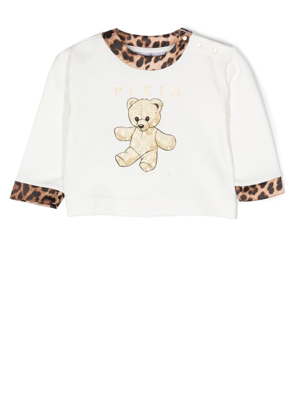 Philipp Plein Junior 泰迪熊印花豹纹边饰上衣 - 白色