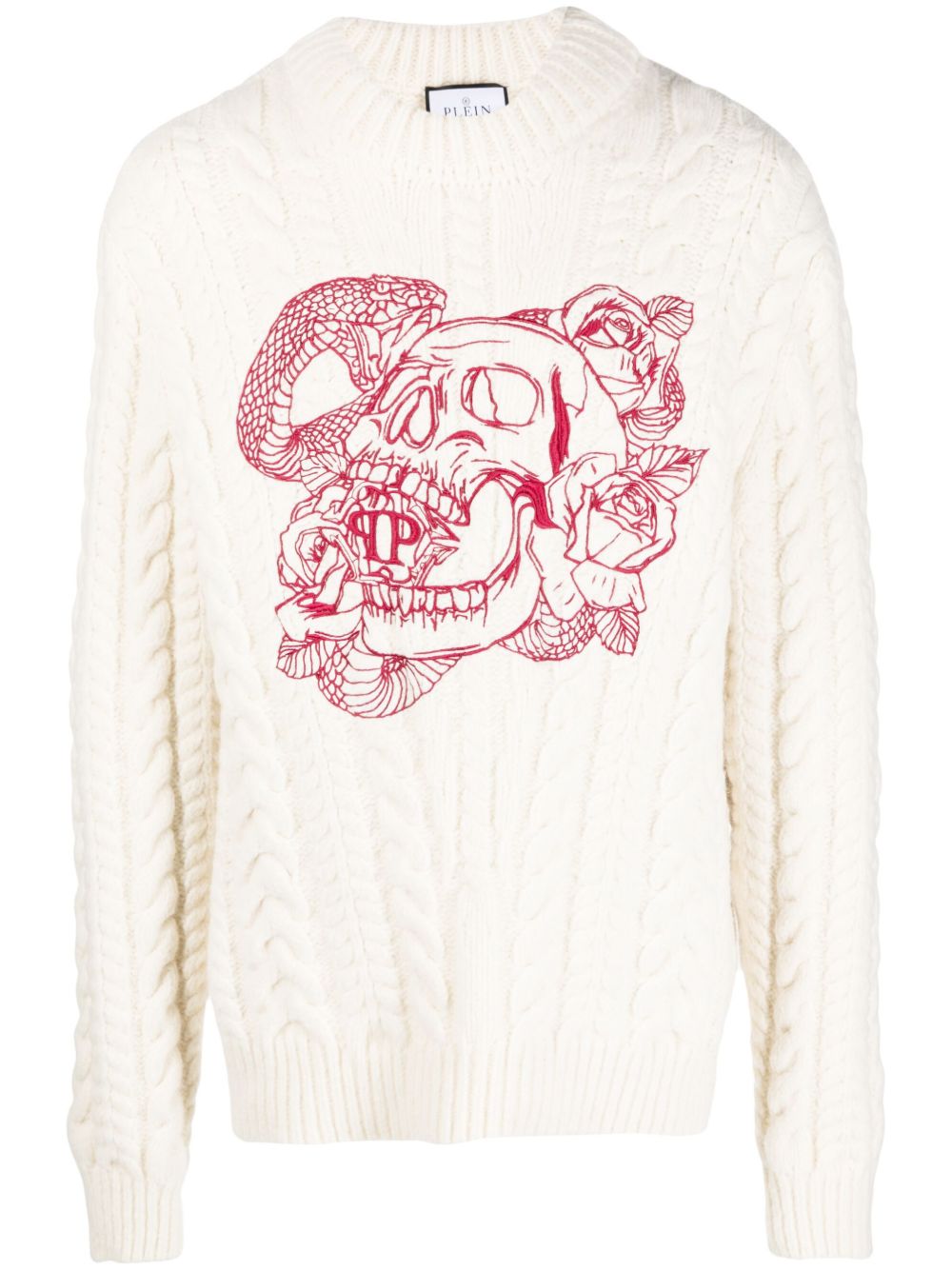 Philipp Plein 骷髅头刺绣粗绞花针织卫衣 - 白色
