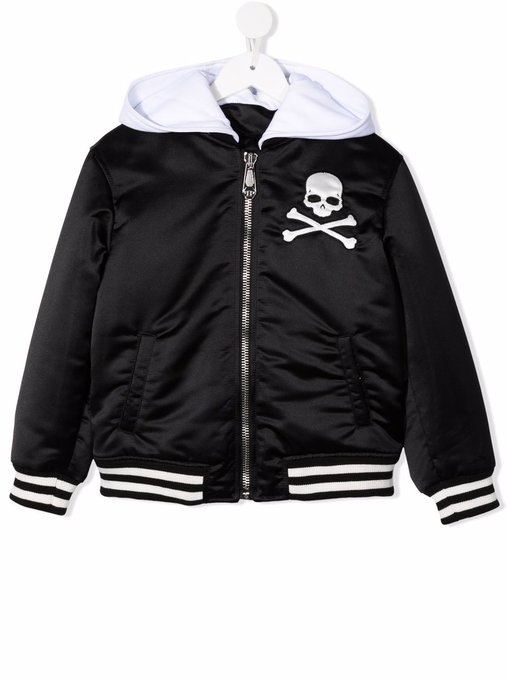 Philipp Plein Junior 骷髅头图案连帽飞行员夹克 - 黑色