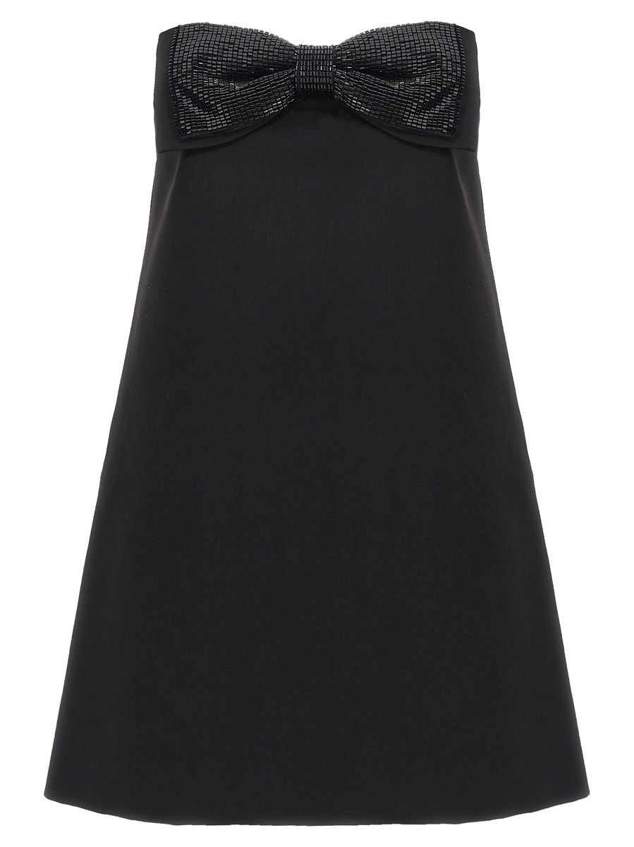 Black Sleeveless Mini Dress With Bandeau And Beaded Oversize Bow In Tech Fabric Woman