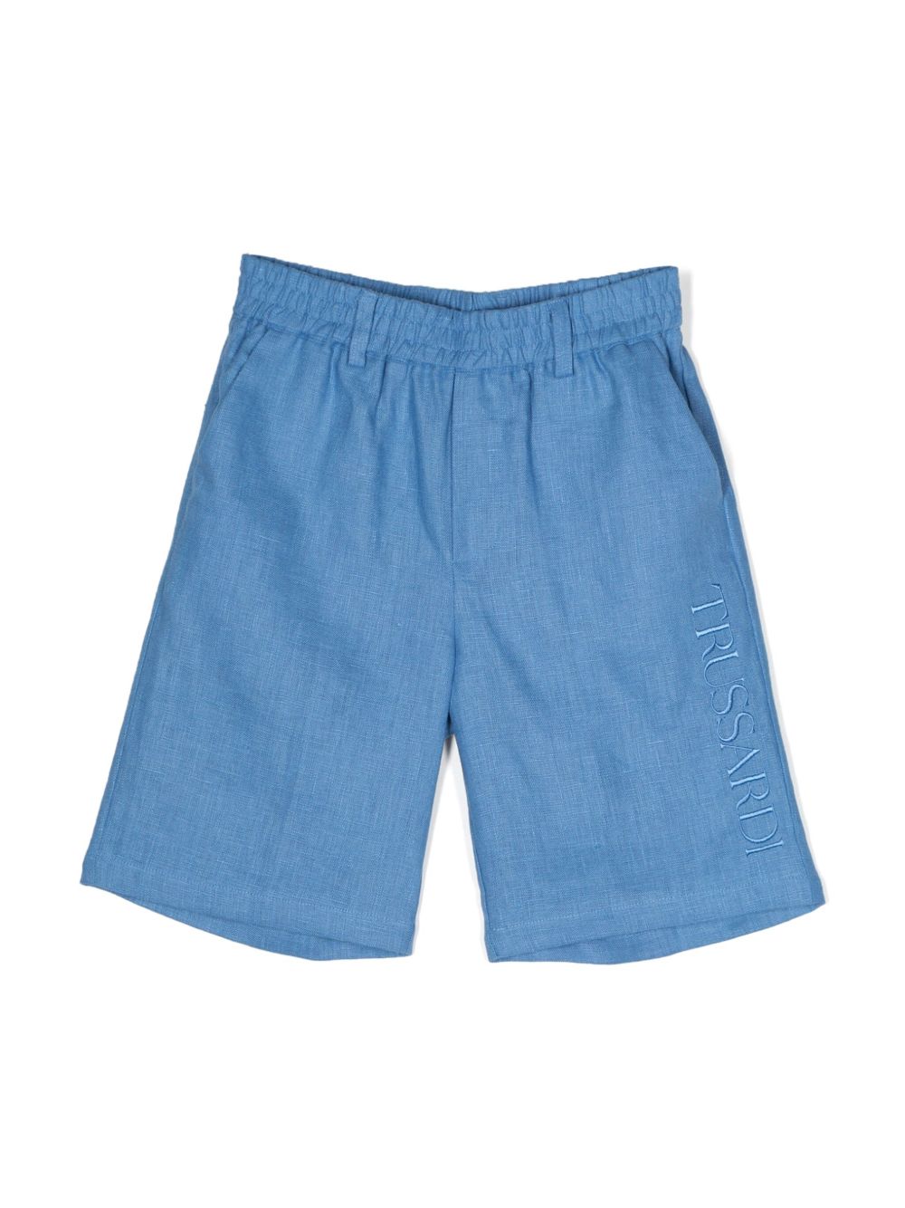 TRUSSARDI JUNIOR logo刺绣亚麻短裤 - 蓝色