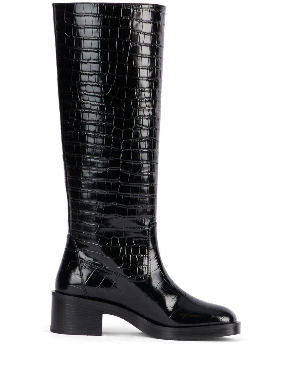 Stuart Weitzman 仿鳄鱼纹压纹皮靴 - 黑色